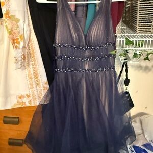 Terani Couture Blue Embellished Babydoll Mini Dress